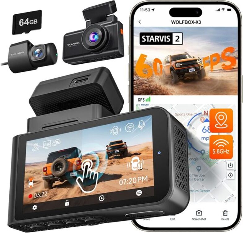 WOLFBOX X3 2.5K 60FPS Dash Cam with STARVIS 2 Sensor, GPS, Wi-Fi & ADAS
