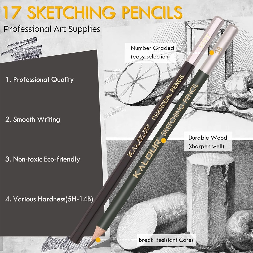 KALOUR 52-Pack Sketch Drawing Pencils Kit with Two Sketchbooks and Tin Box