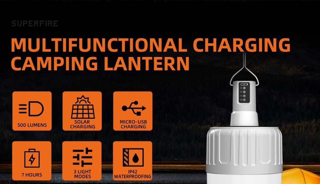 SUPERFIRE T26-S Solar Rechargeable Camping Light Lantern 500 Lumems