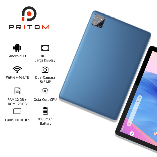 Pritom P30h 10.1" Tablet, 6GB RAM, 128GB ROM, 4G LTE, Android - Blue